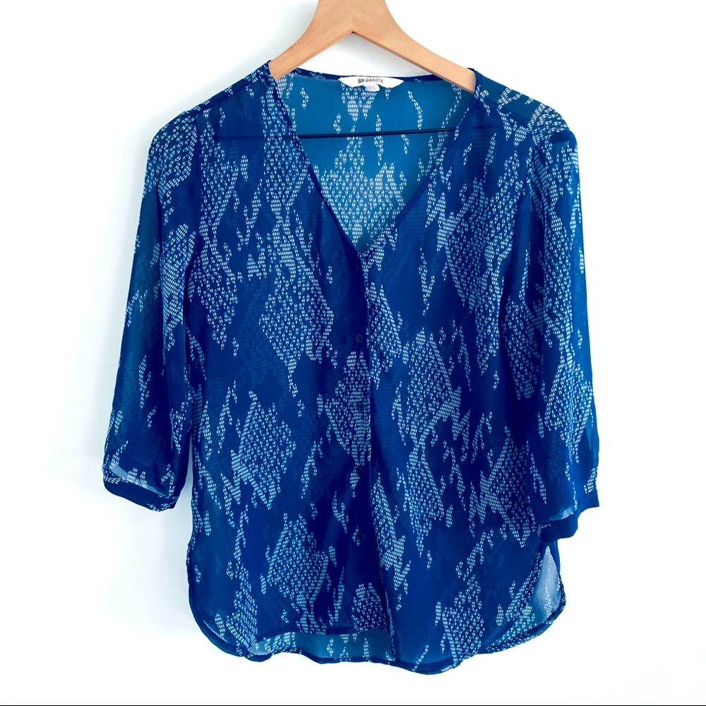 BB Dakota Semi Sheer Blue Graphic Print Blouse